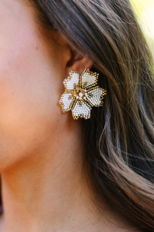 Treasure Jewels: Flower White Beaded Earrings