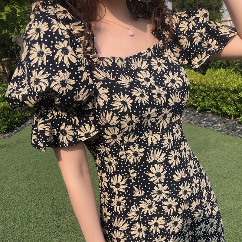 Dress Women Plus Size Vintage Floral Puff Sleeve Sexy Side-slit Summer Fashion Korean Style Holiday Slim Square Collar Elegant