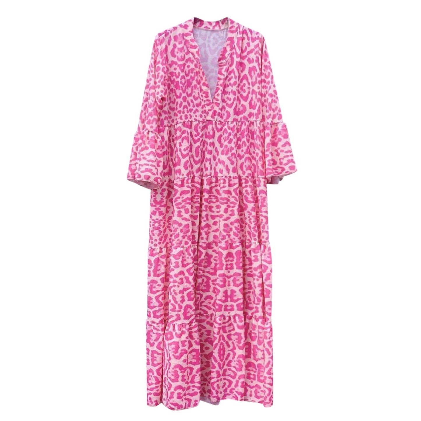 Pink Leopard Long Dress Autumn European American Fashion ins Vacation Dress  for Women Elegant Ruffles Beach Dresses 2021 Robe