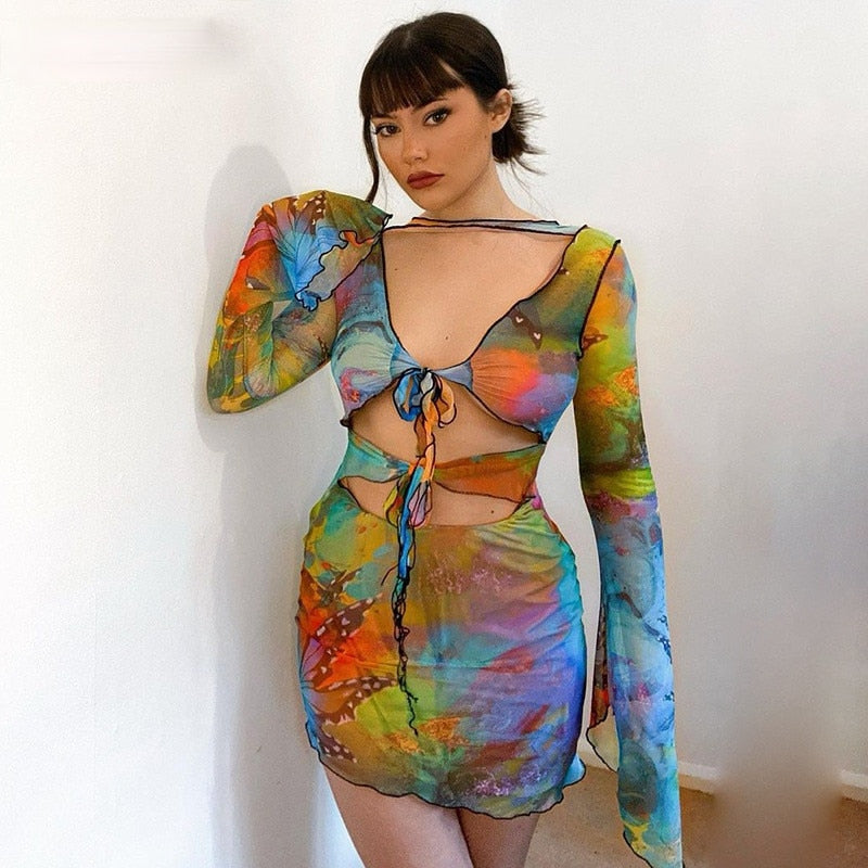 Sexy Aesthetic Butterfly Print Sheer Nightclub Mini Dress Mesh Party Dress long sleeve bodycon dress summer fashion Dress