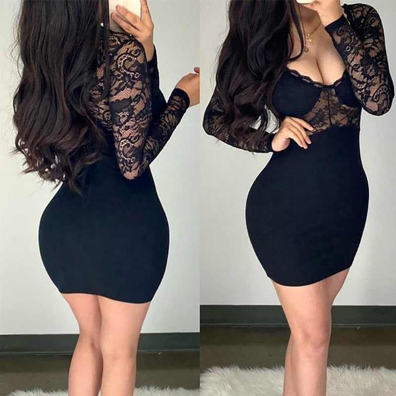 2021 Summer Party Club Clothes Plus Size Sexy Lace Bodycon Mini Dress Women Hollow Out Black Long Sleeve V-neck Dresses Ladies