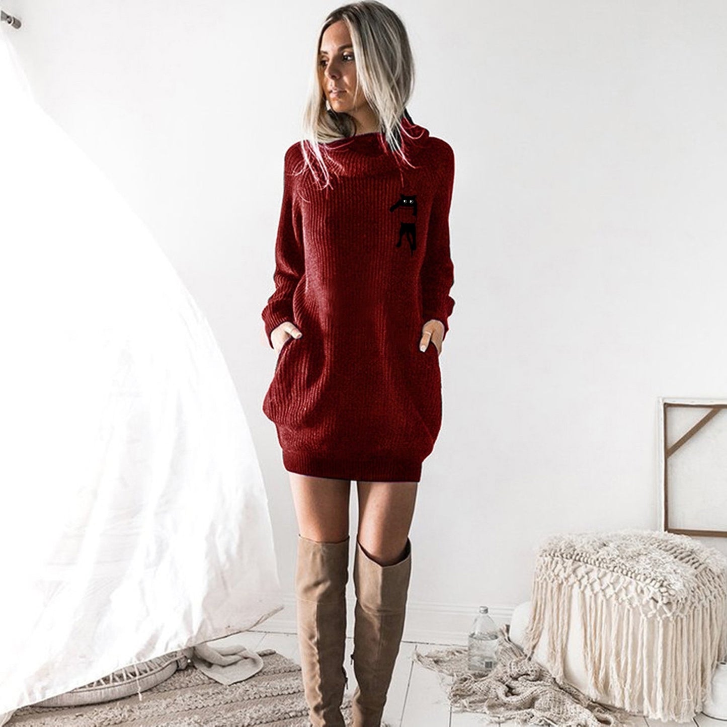 Cute Turtleneck Knitted Sweater Dress Woemn Autumn Winter Slim Long Sleeve Knitting Mini Dress for Women Casual Party Dresses