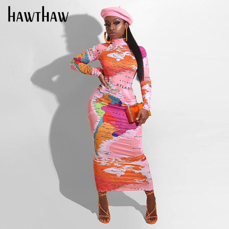 Hawthaw Women Fashion Autumn Winter Long Sleeve Printed Bodycon Ankle Slim Pencil Long Dress 2020 Female Clothing Streetwear