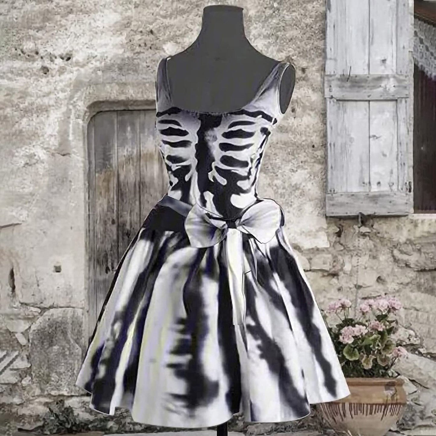 Goth Punk Dresses Women Skeleton Print A-line Dress Sleeveless Halloween Robe Party Bowknot Zipper Dresses Vestidos Femme Robe