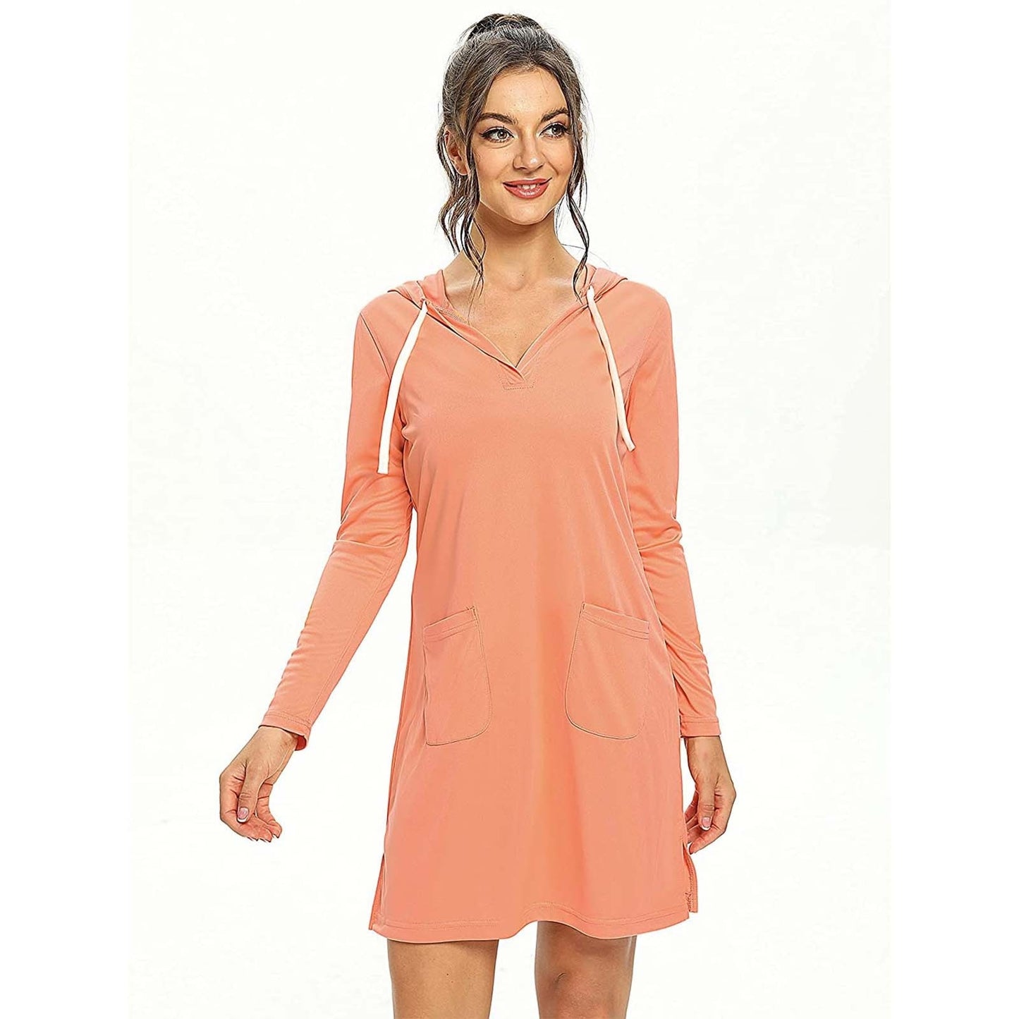Summer Dress Fashion Womens Sexy V Neck Solid Color With Hood Long Sleeve Sunscreen Mini Dress Women Beach Loose Casual Dress