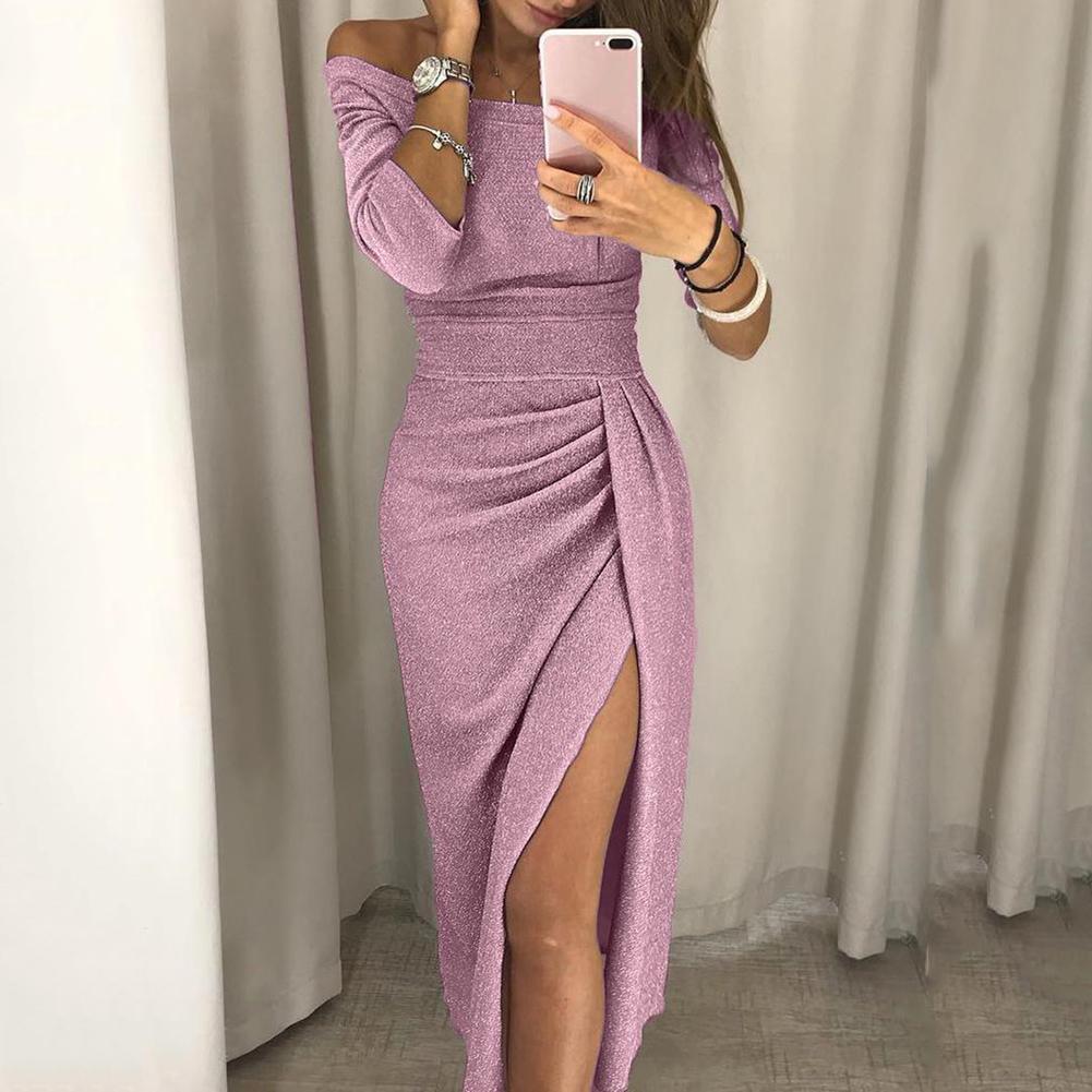 Fashion Evening Casual Party Dresses Sexy Women Off Shoulder High Split 3/4 Sleeve Maxi Long Dresses