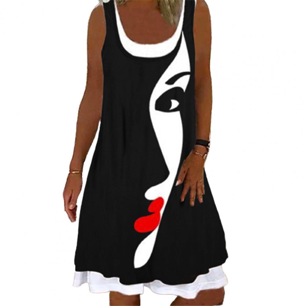 Women Loose Dress Face Oil Painting Printing Sleeveless Fake Two-piece Leisure Dress Daily Wear платье летнее женское2021
