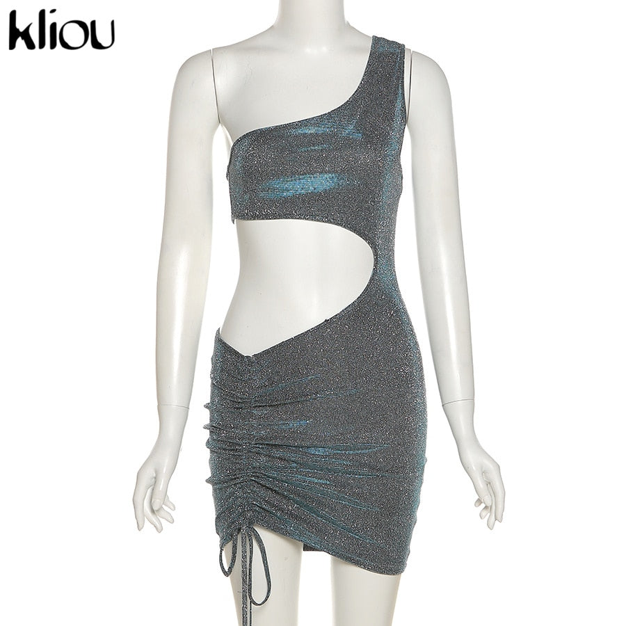 Kliou Sparkling Mini Dress Women Hot Summer Party Drawstring Shoulder Sleeveless Bandage Bodycon Stunning Sexy Club Style Wear
