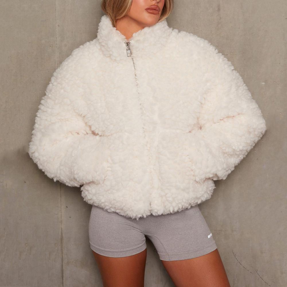 Fleece Jackets for Women 2021 Zipper Closure Short Type Cashmere Coat Winter Stand Collar Long Sleeve Fluffy Outerwear