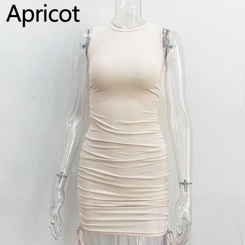 2021 Bandage Draped Bodycon summer Dress Women Sexy Sleeveless Ruched Dresses O-Neck Knitted Drawstring Beach Party Dress New