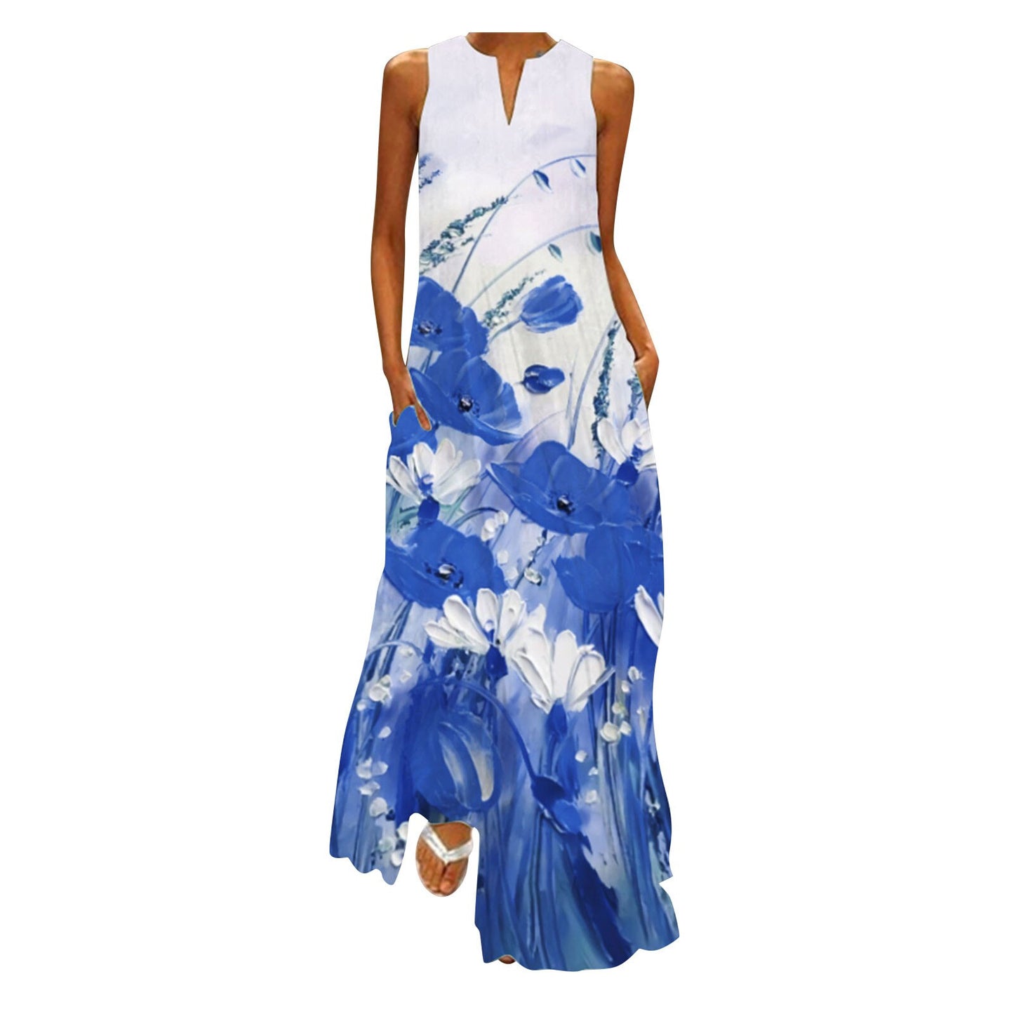 Women Sleeveless Floral Print V-neck Maxi Dress Summer Party Wear Evening Party Dresses Plus Size Casual Loose Robes Vestidos
