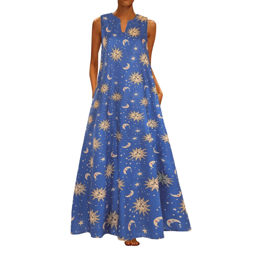 Sun Stars Moon Print Plus Size Women Dress Sleeveless A-Line Women Summer Elegant Vintage Maxi Long Beach Dress Vestidos Mujer