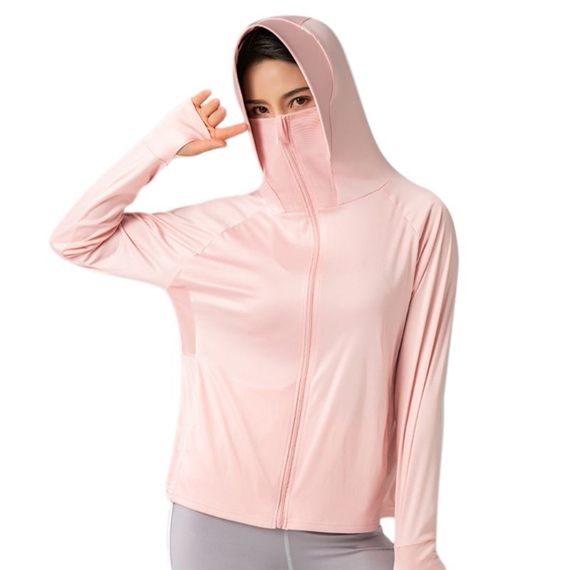 Women UPF 50+ Long Sleeve Sunscreen Jacket Hooded Mask Zip Front Anti-UV Shirts Summer Outdoor Ice Silk Thin Sport Coat with Poc