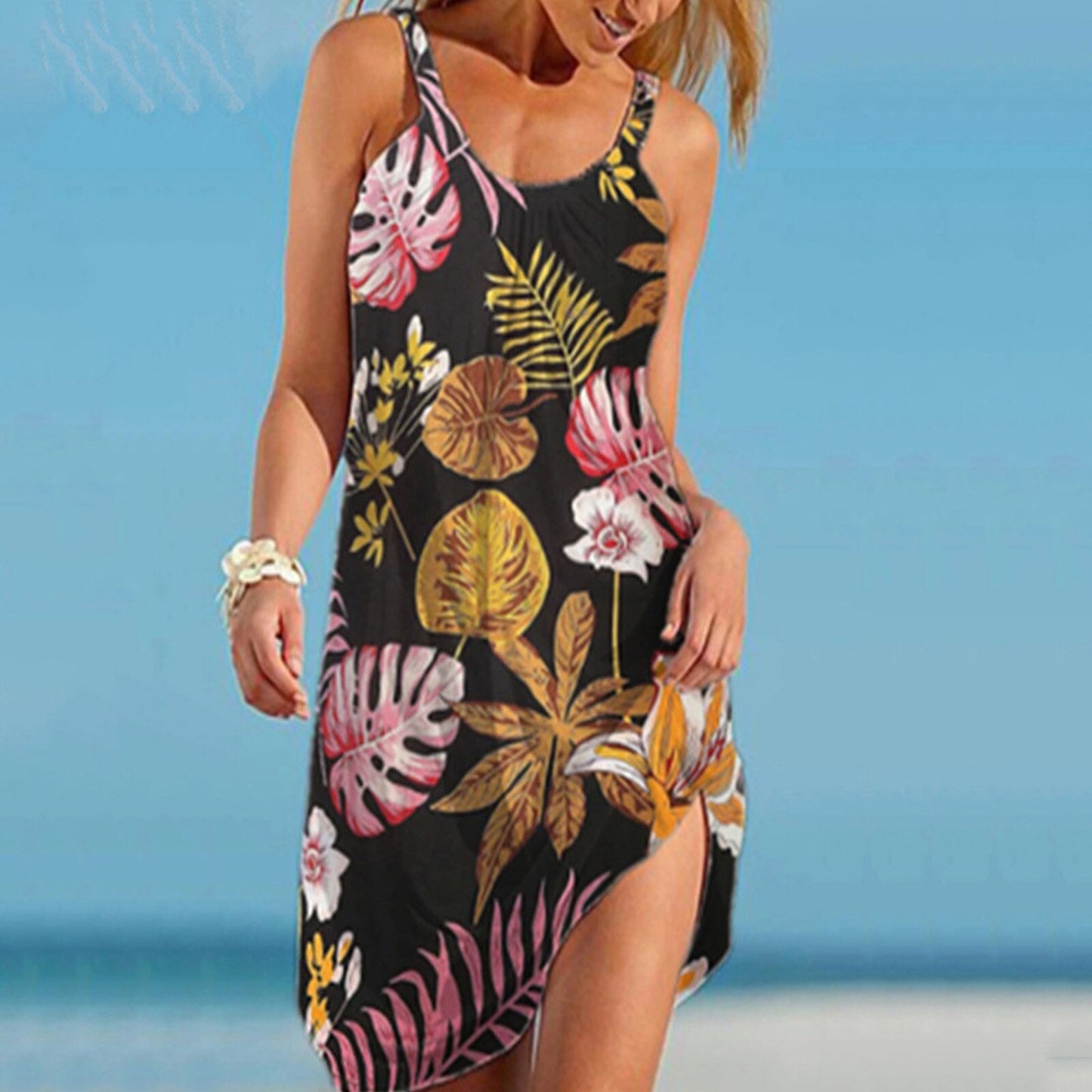 Bohemian Dress Summer Women Sexy Sleeveless Spaghetti Strap Hem Loose Beach Dresses Bandana Beach Style Sundress Vestidos