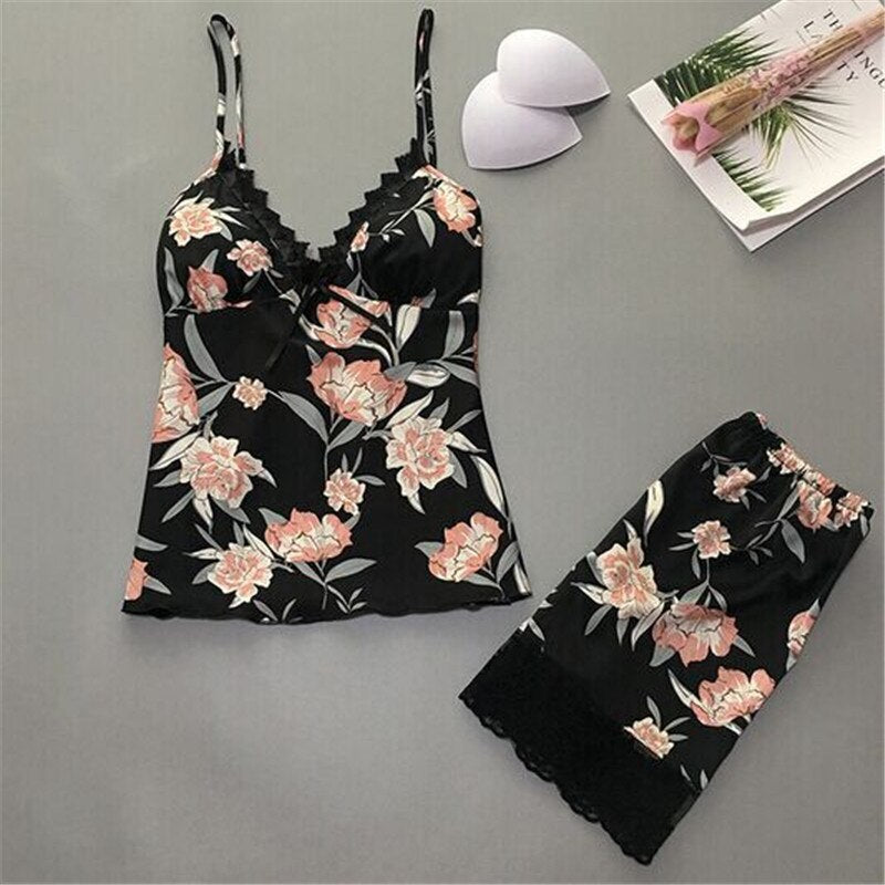 Sexy V-neck Sleeveless Tank Top Shorts Sleepwear New 2020 Boho Floral Loose Casual 2Pcs Summer Nightwear Clothing Suits Femme