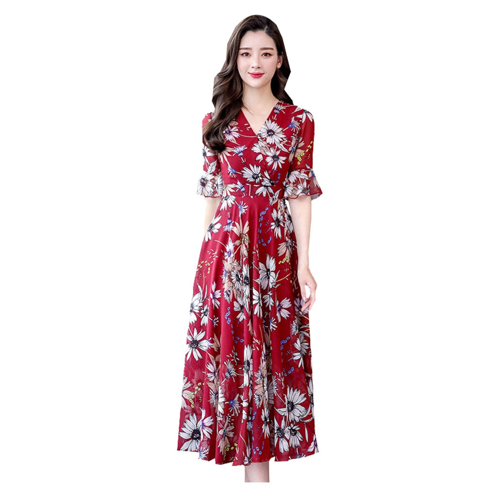 Vintage Elegant Casual Dresses Women's Korean Fashion Floral Printed Chiffon Long Dress Female Chic A-Line Party Dress Robe