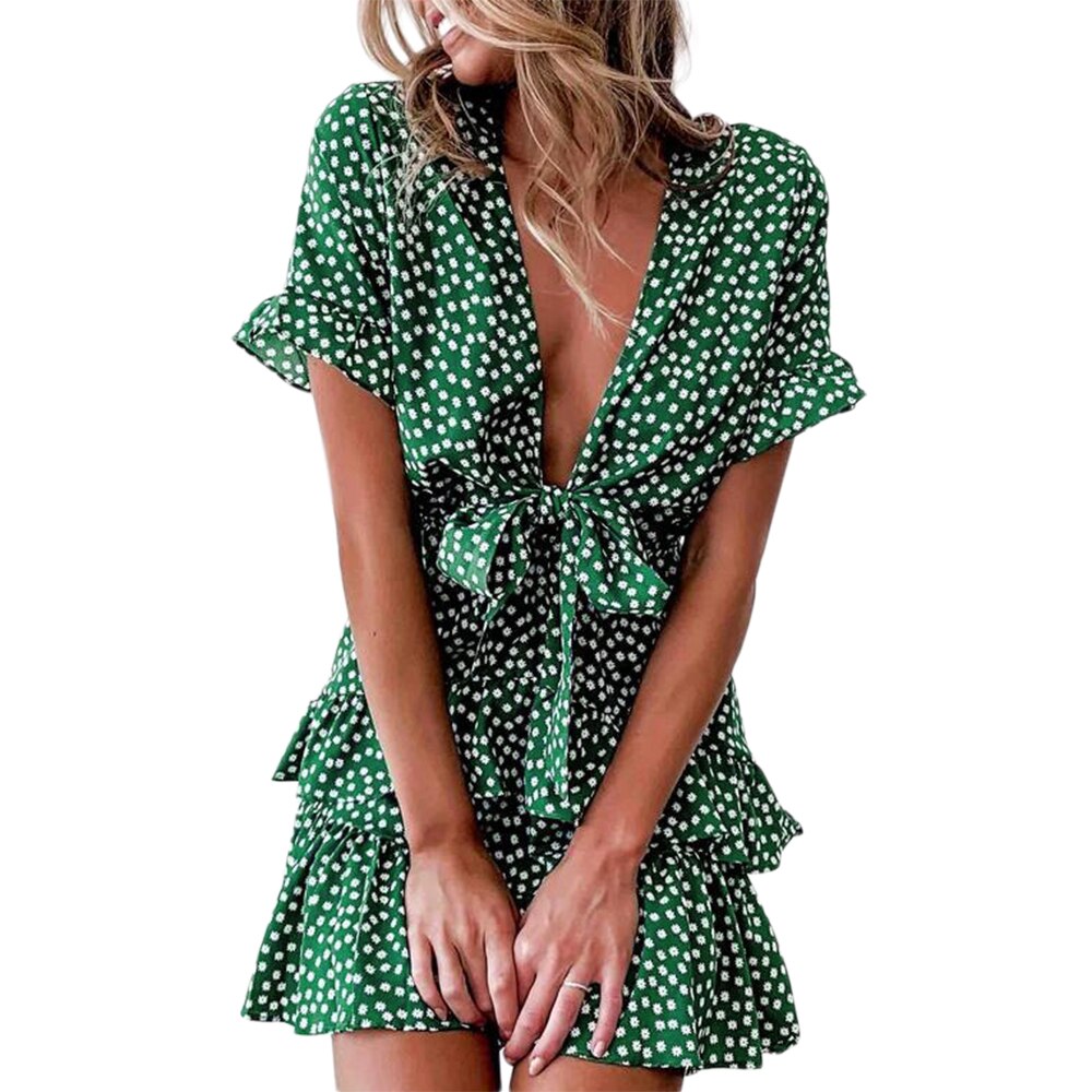 Sexy Floral Ruffle Dress Short Mini Dot Print Dresses Summer Knot Sexy Deep V-Neck Party Holiday Cascading Bow Decor One-piece