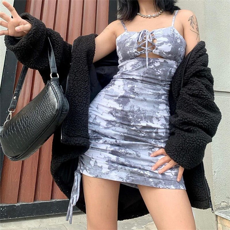 Stylish Tie-Dye Printed Sling Dress V-Neck Wrapped Hollow Cross Lace-Up Tight Braces Side Ruched Drawstring Sheath Mini Dress