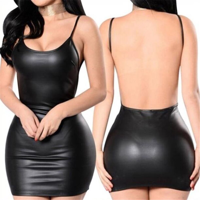 Sexy Faux Leather Backless Dress Club Party Short Dress Solid Black Wet Look Latex Bodycon Push Up Bra Mini Micro Dress
