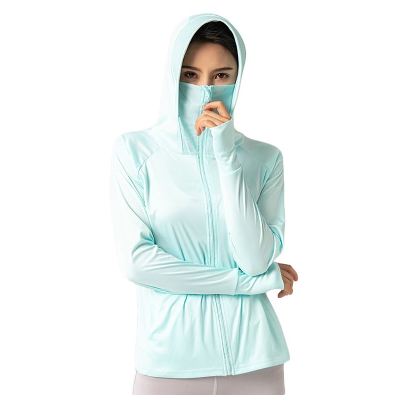 Women UPF 50+ Long Sleeve Sunscreen Jacket Hooded Mask Zip Front Anti-UV Shirts Summer Outdoor Ice Silk Thin Sport Coat with Poc