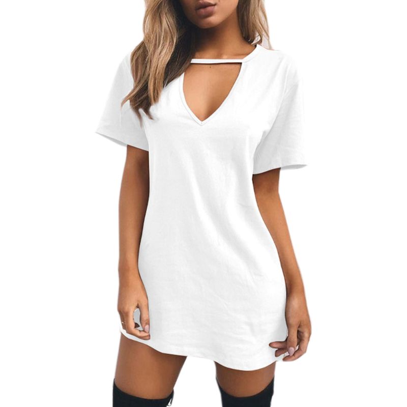 2021 Womens Tshirt Dress Choker Deep V-neck Summer Dresses Mini T-Shirt Dress Short Sleeve Ladies Casual Sexy Clothing Drop ship