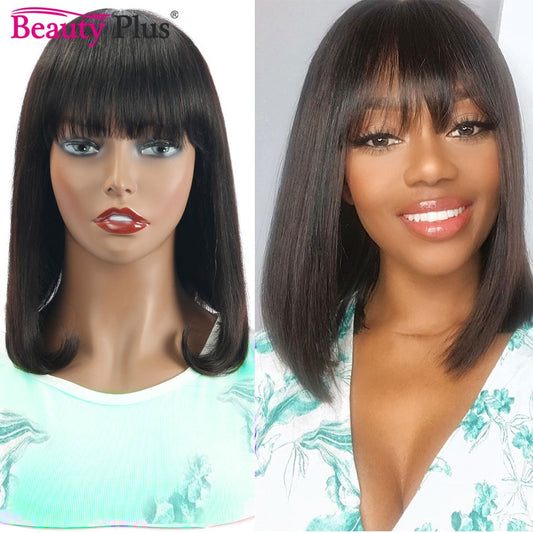 8-14 Inch Short Straight Bob Wig With Bangs 100% Remy Brazilian Human Hair Wig With Bangs For Black Women Full Machine Made Wigs