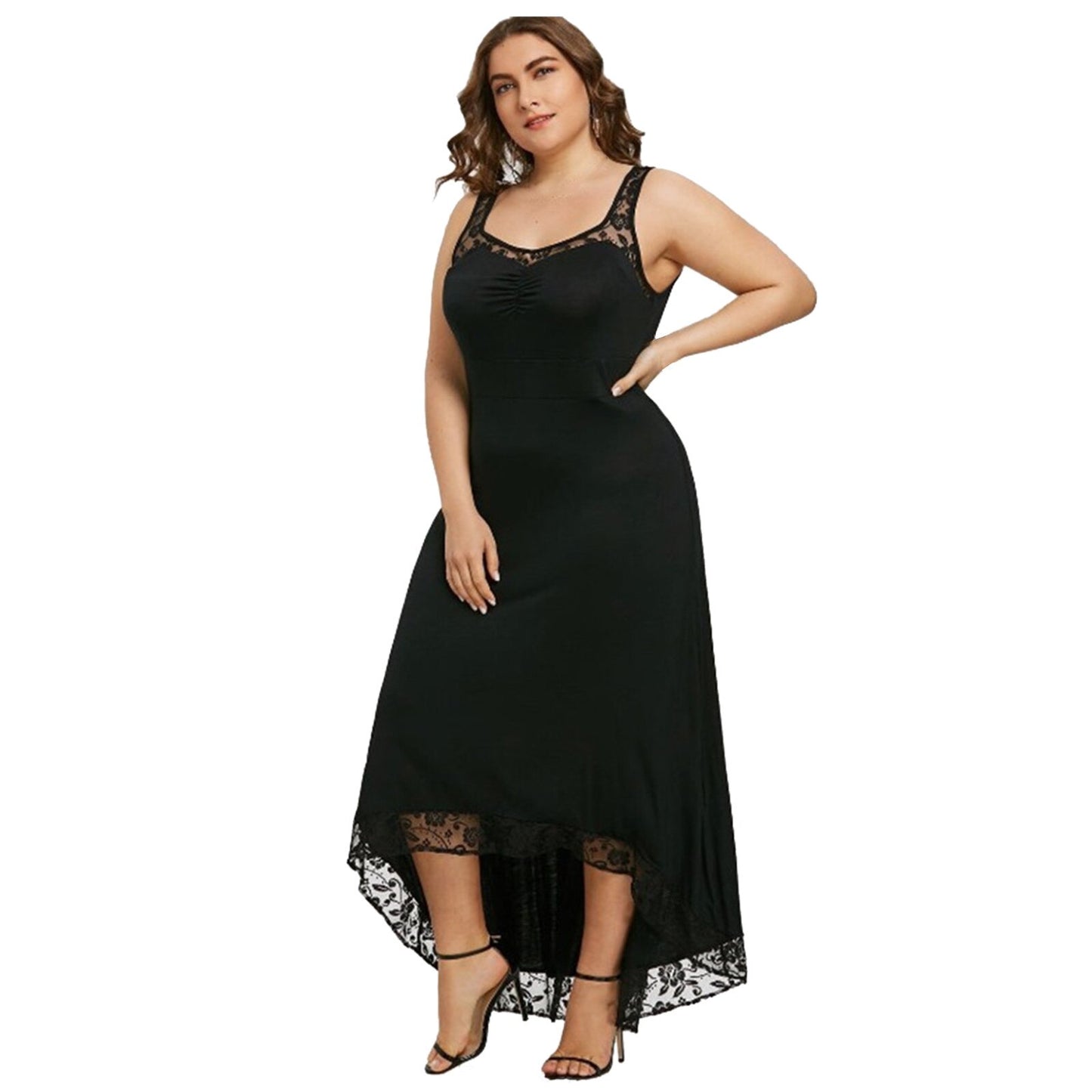 Sexy Long Dress Woman Plus Size Sleeveless Black Lace Tank Dress Summer Low High Hem Solid Party Club Dresses Robe Femme 2021
