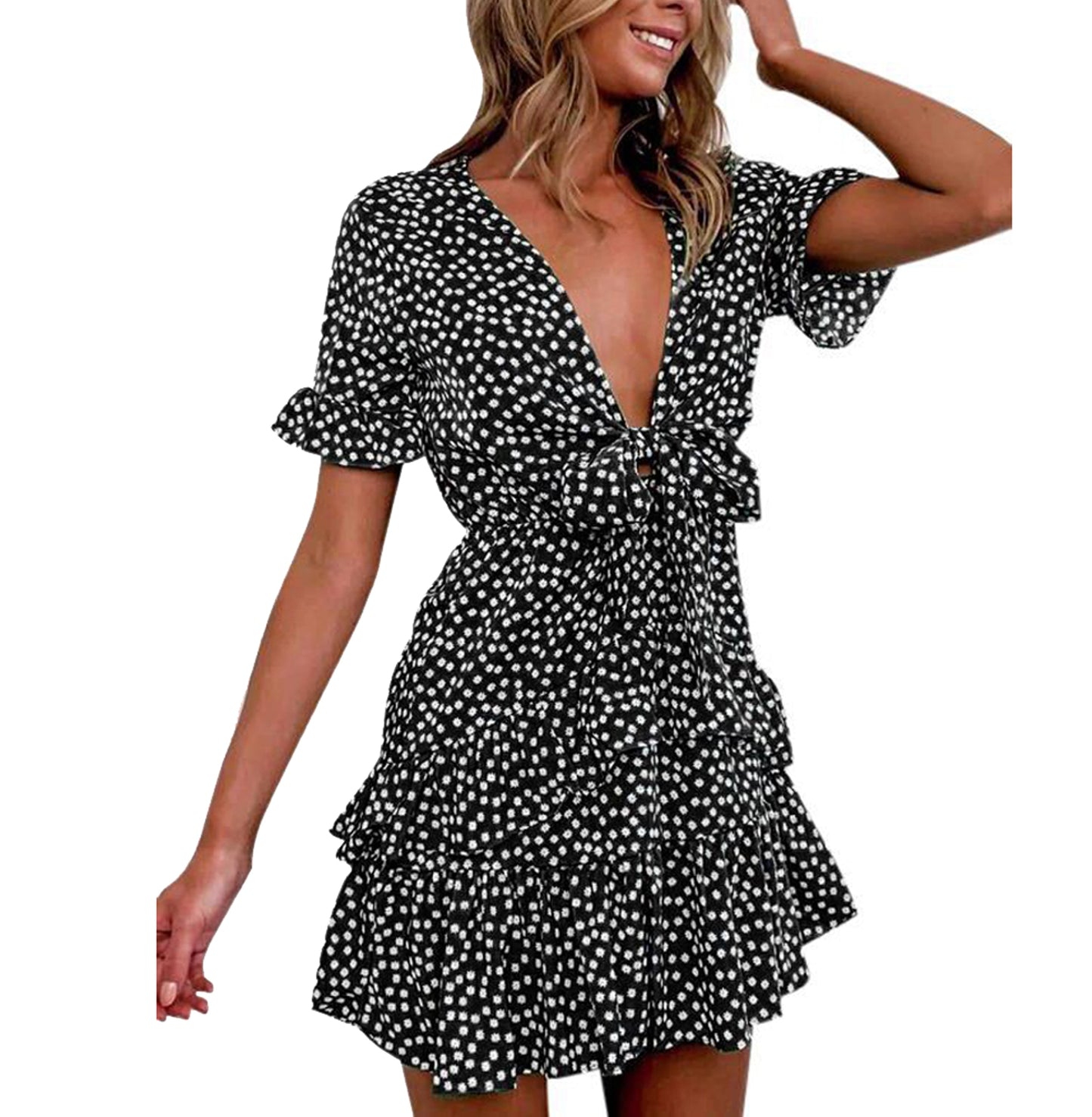 Sexy Floral Ruffle Dress Short Mini Dot Print Dresses Summer Knot Sexy Deep V-Neck Party Holiday Cascading Bow Decor One-piece