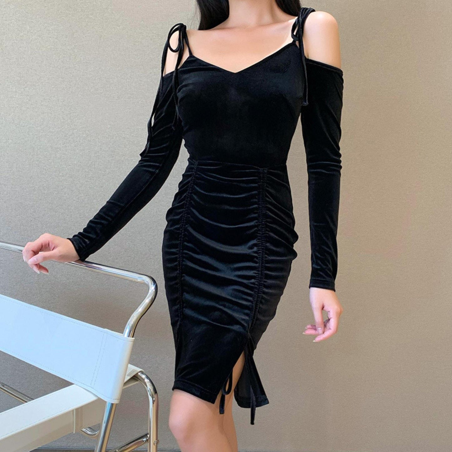 Sexy Fashion Women Solid Off Shoulder Spaghetti Straps Ruched Split Hem Mini Bodycon Dress Adjustable Ladies Casual Dress New
