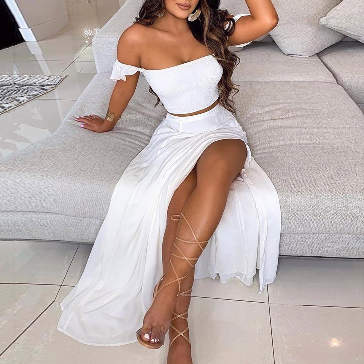 Fashion Sexy High Split  Long Dress Womens Off the Shoulder Bohemian Holiday Dresses Ladies Strapless  Club Party Dress