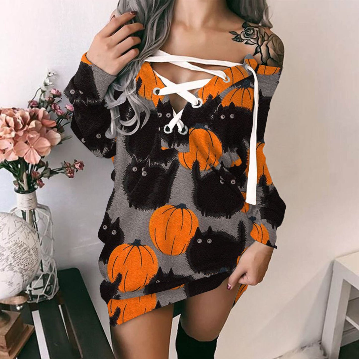 Halloween Dresses For Women Fashion Casual Prints Dress Off-shoulder Strappy Mini Dress Long Sleeves Vestidos Mujer Verano