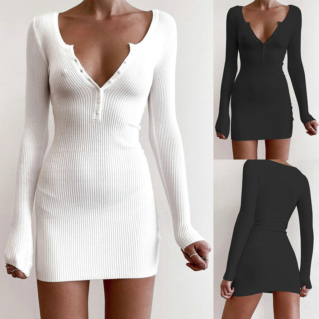 Women's winter V-neck knitted dress Women's solid color knitted V-neck sweater Long sleeve tight dress женское платье 40*