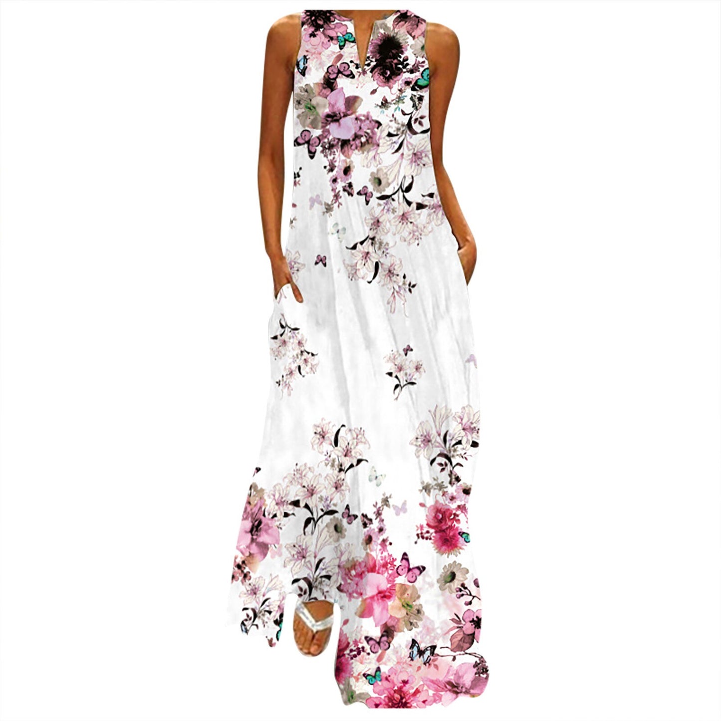 Women’s Tank Dress Fashion Printed Sleeveless V-Neck Maxi Dress Summer Casual Female Loose Long Beach Dress Vestidos