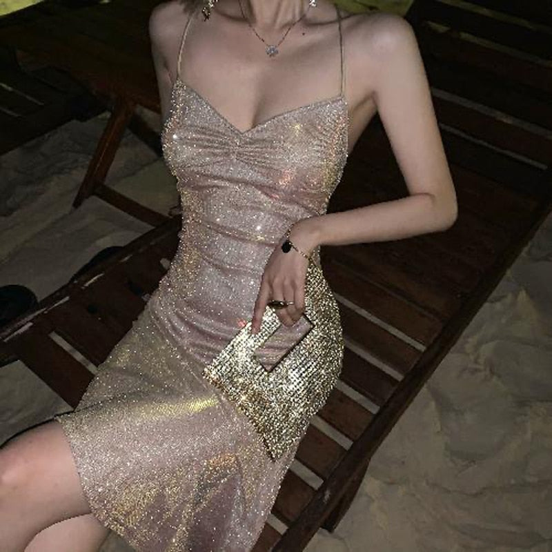 Hot 2021 Summer Gold Glitter Dress Women Bodycon Long Midi Dress Sleeveless Backless Party Outfits Sexy cLub Clothes YS9871