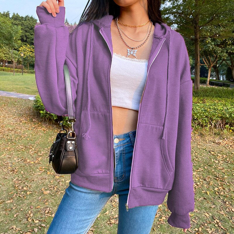 Brown Purple Black Zip Hooded Sweatshirt Winter Jacket Top Oversized Hoodie Retro Pocket Woman Clothes Long Sleeve Pullover