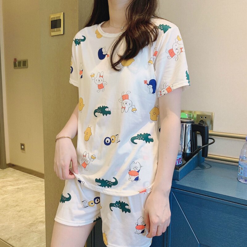 Spring Summer Pyjamas Sets for Women Cozy Short Sleeve Thin Print Cute Cartoon Big Girl Sleepwear Mujer Leisure Satin Femme