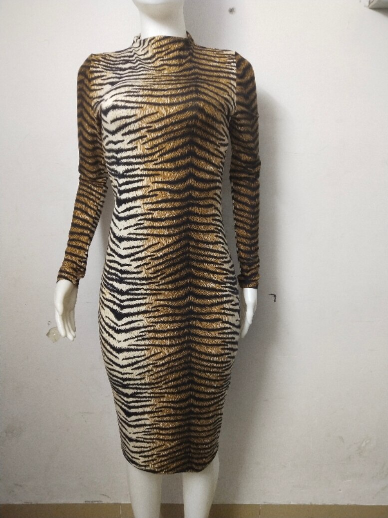 Tiger Stripes Women Bodycon Dress Long Sleeve Stand Collar Skinny Mid-Calf Dress Fashion Ladies Evening Party Sheath Dress