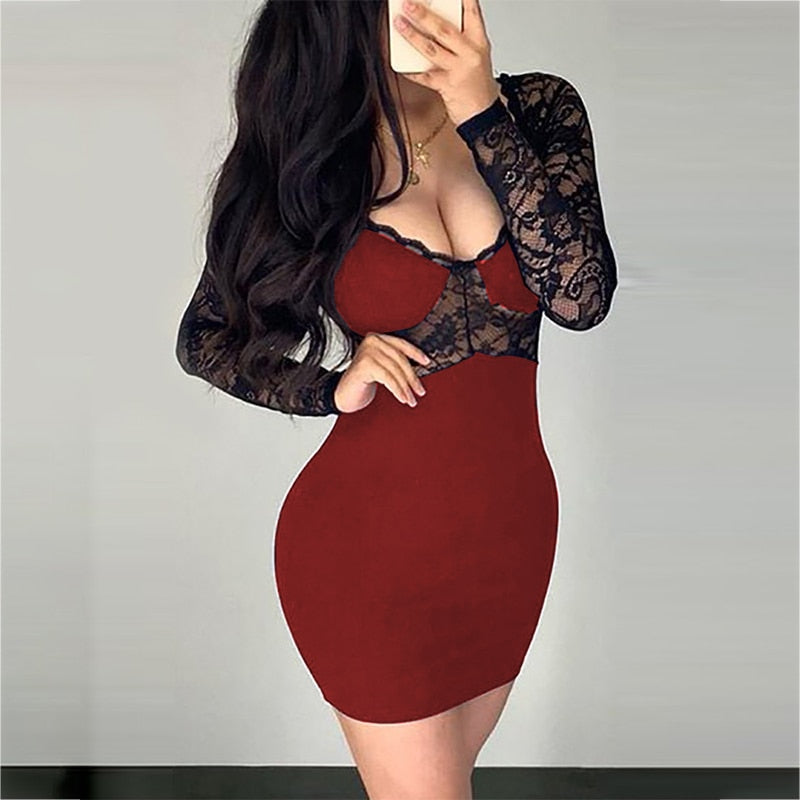 2021 Summer Party Club Clothes Plus Size Sexy Lace Bodycon Mini Dress Women Hollow Out Black Long Sleeve V-neck Dresses Ladies