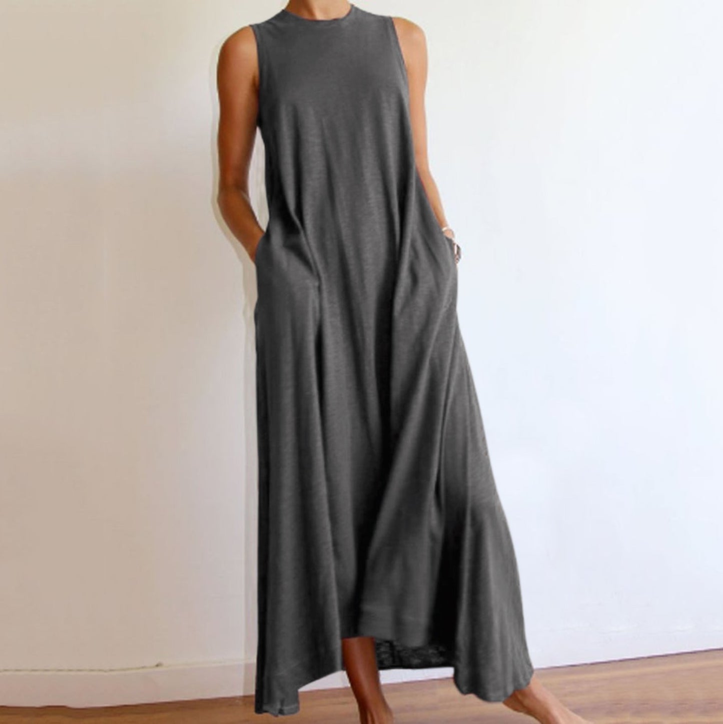 Summer Fashion Casual Comdy Long Dress Women  Loose Solid Color Sleeveless Pockets Ankle-Length Dresses Daily Wear Dress