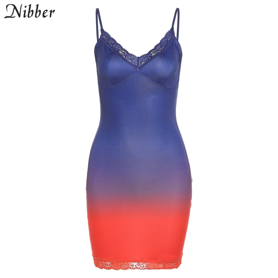 Nibber Fashionable Gradient Color Bodycon Women Mini Dress Sexy Lace Party Clubwear 2021 Spaghetti Straps Casual Street Clother