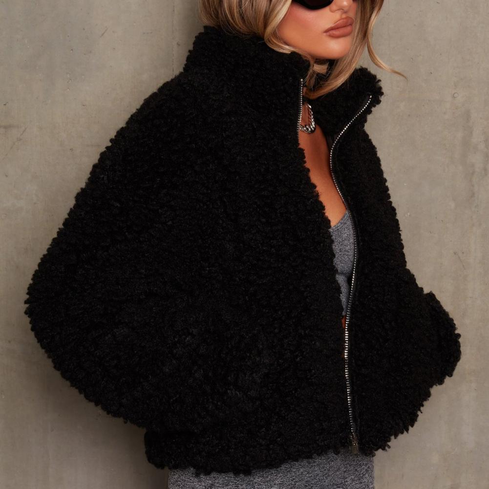 Fleece Jackets for Women 2021 Zipper Closure Short Type Cashmere Coat Winter Stand Collar Long Sleeve Fluffy Outerwear