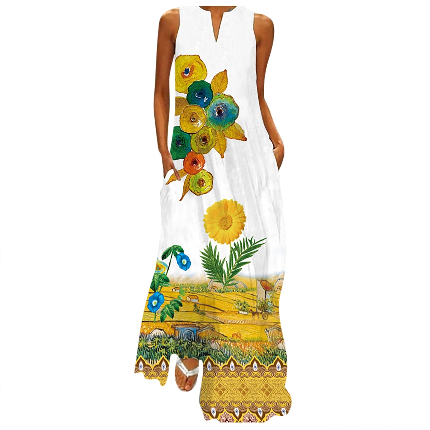 Women’s Tank Dress Fashion Printed Sleeveless V-Neck Maxi Dress Summer Casual Female Loose Long Beach Dress Vestidos