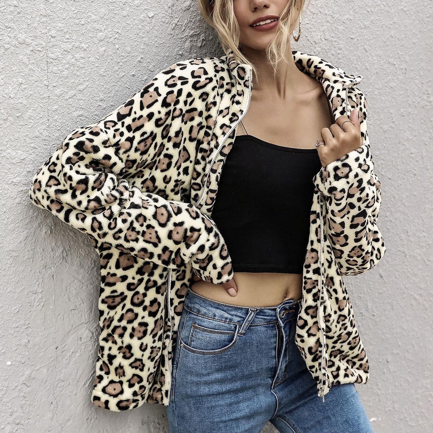 Fashion Women Ladies Autumn And Winter Thicken Warm Zipper Leopard Printed Lapel Long Sleeve Loose Plush Jacket Outerwear#g3