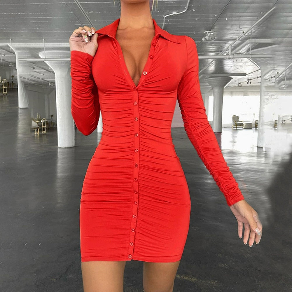 Women's Sexy Bodycon Mini Dress Long Sleeve Solid Color Button Down Ruched Shirt Dress Femme 2021 New Autumn Outfits