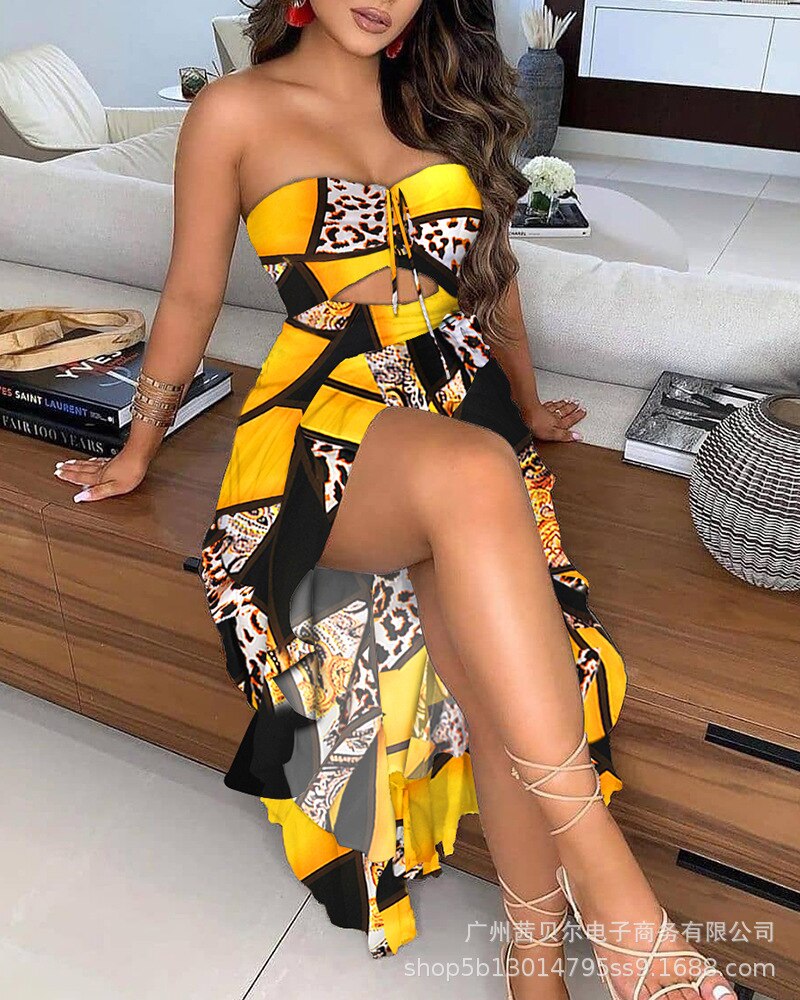 2021 new color print tube top sexy high slit hollow one-piece dress