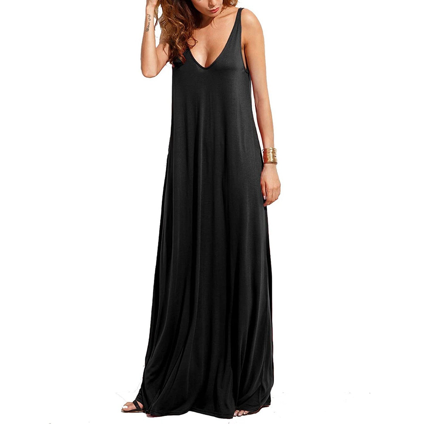 Summer New Elegant Black Backless Long Maxi Dress Women's Casual Solid Deep V-neck  Swing Pleated Dress Banquet Dress Vestidos