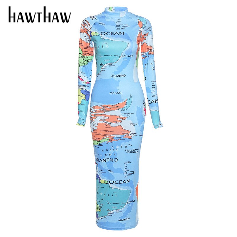 Hawthaw Women Fashion Autumn Winter Long Sleeve Printed Bodycon Ankle Slim Pencil Long Dress 2020 Female Clothing Streetwear