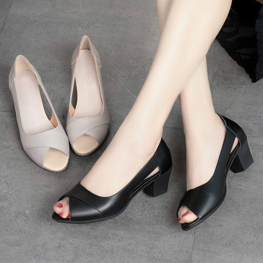 Summer Leather Comfortable Ladies Mid Heel Sandals Women Shoes Hollow Peep Toe Square Heel Sandals Woman Footwear