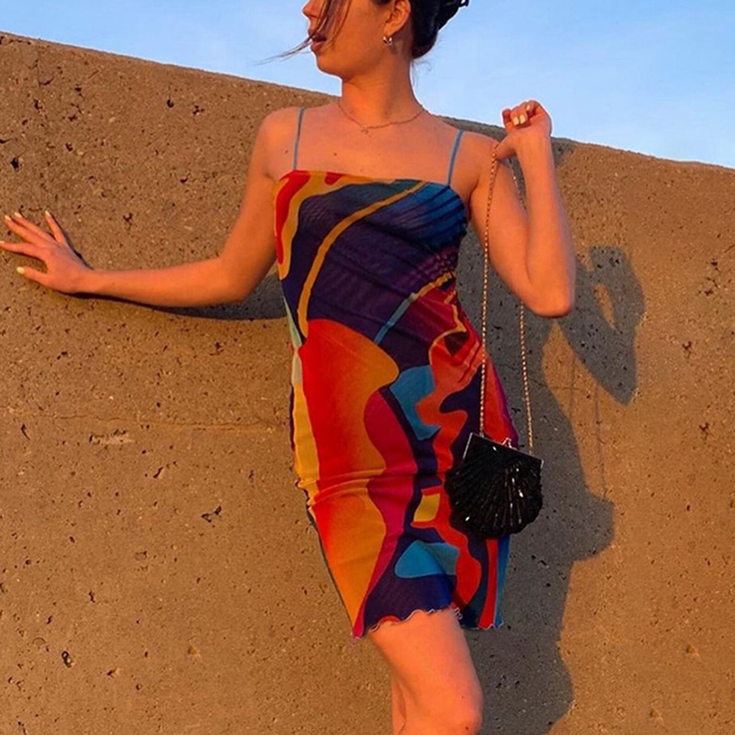 Mini Dress Women’s Fashion Abstract Print Skinny Dress Sexy Mesh Yarn Boat Neck Suspender Short Dress 2021 Summer