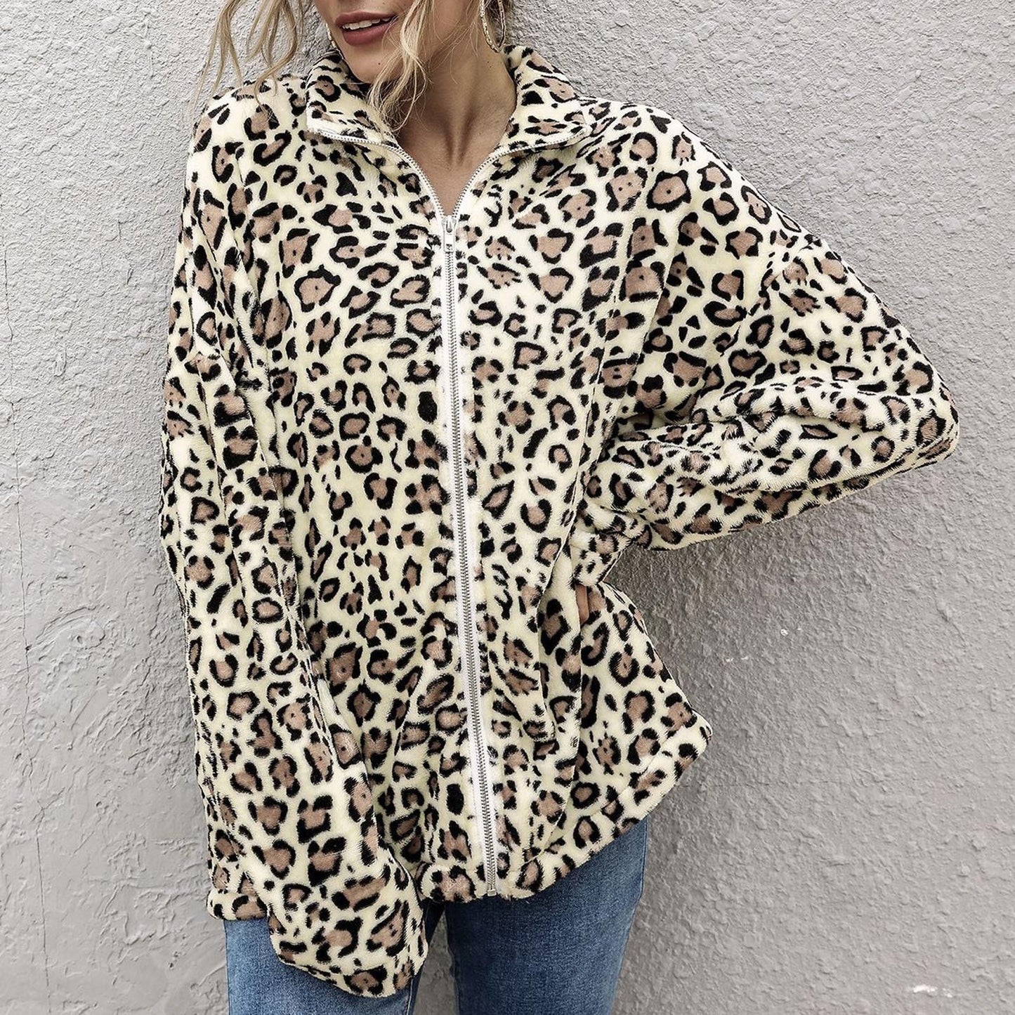 Fashion Women Ladies Autumn And Winter Thicken Warm Zipper Leopard Printed Lapel Long Sleeve Loose Plush Jacket Outerwear#g3
